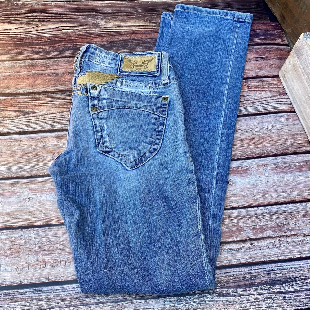✨VINTAGE LOW RISE ROBIN’S JEAN MARILYN SKINNY LT WASH DENIM WGOLD WINGS 24